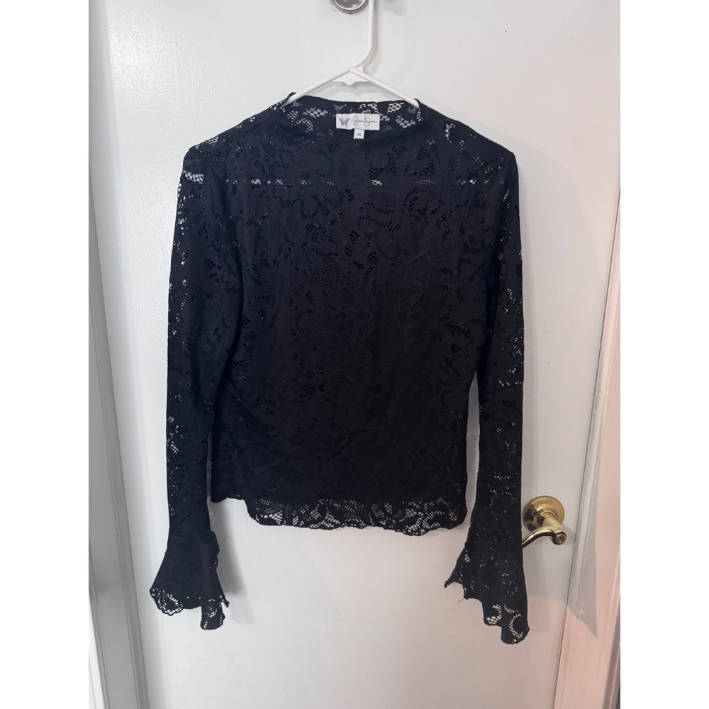 Jessica Simpson Black Lace Mock Neck Top Long Sleeve Bell Cuff Blouse XS